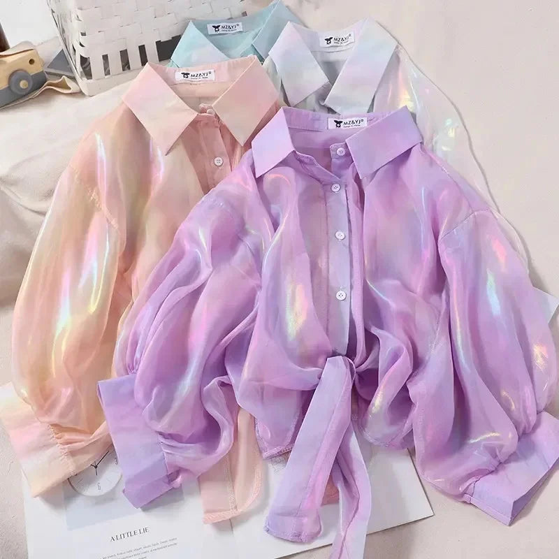 Button Up Shirts Women Half Sleeve Shining Sparkles Tied Waist Sexy Chiffon Blouses Shirts For Women Summer Spring