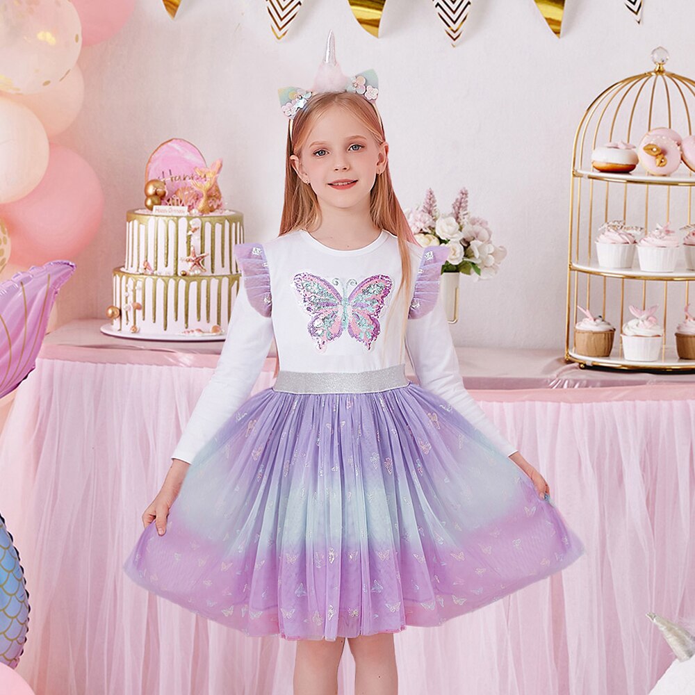 DXTON Princess Kids Dress Heart Sequined Girls Dress Winter Long Sleeve Children Clothing Tutu Flare Sleeve Kids Party Dresses