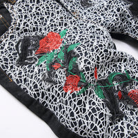 Men Cross Embroidery Denim Shorts Summer Flower Rose Embroidered Breeches Fashion Spider Web Letters Black Straight Jeans