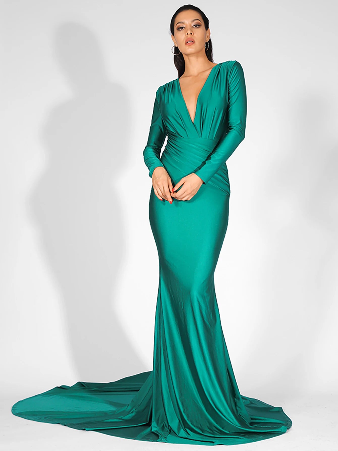 LOVE&LEMONADE  Sexy Green Deep V-Neck Slim Fit Elastic Fabric Trai Maxi Dress LM81535