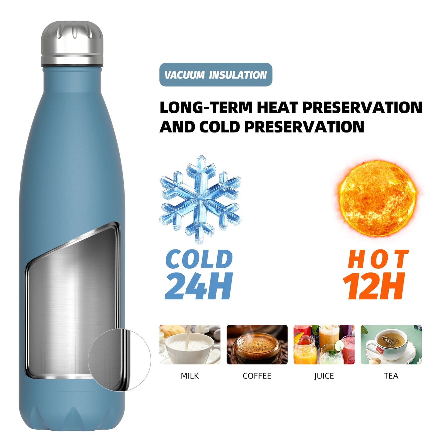 WATERSY 500ml Stainless Steel Vacuum Flask, Insulated Thermos Cup for Coffee & Water, Double Wall Thermal Bottle for Sports