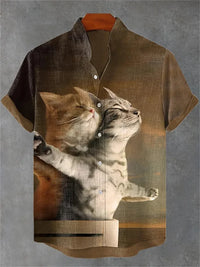 Men's Cat Print Short-Sleeve Shirt, Stand Collar Retro Casual Top, Breathable Slim Fit Shirt, Outdoor Casual Hawaiian Shirt