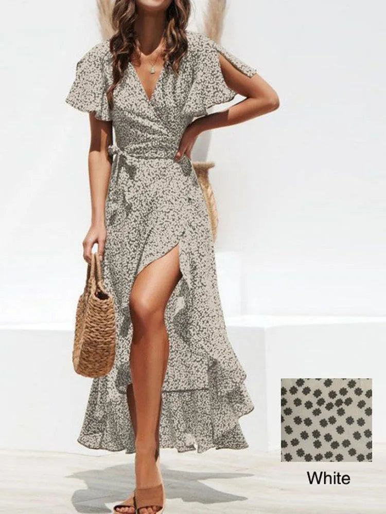 Women Floral Print Boho Dress Summer Fashion Chiffon V-Neck Casual Split Sexy Party Dress Robe Elegant Beach Maxi Dress 2023 New