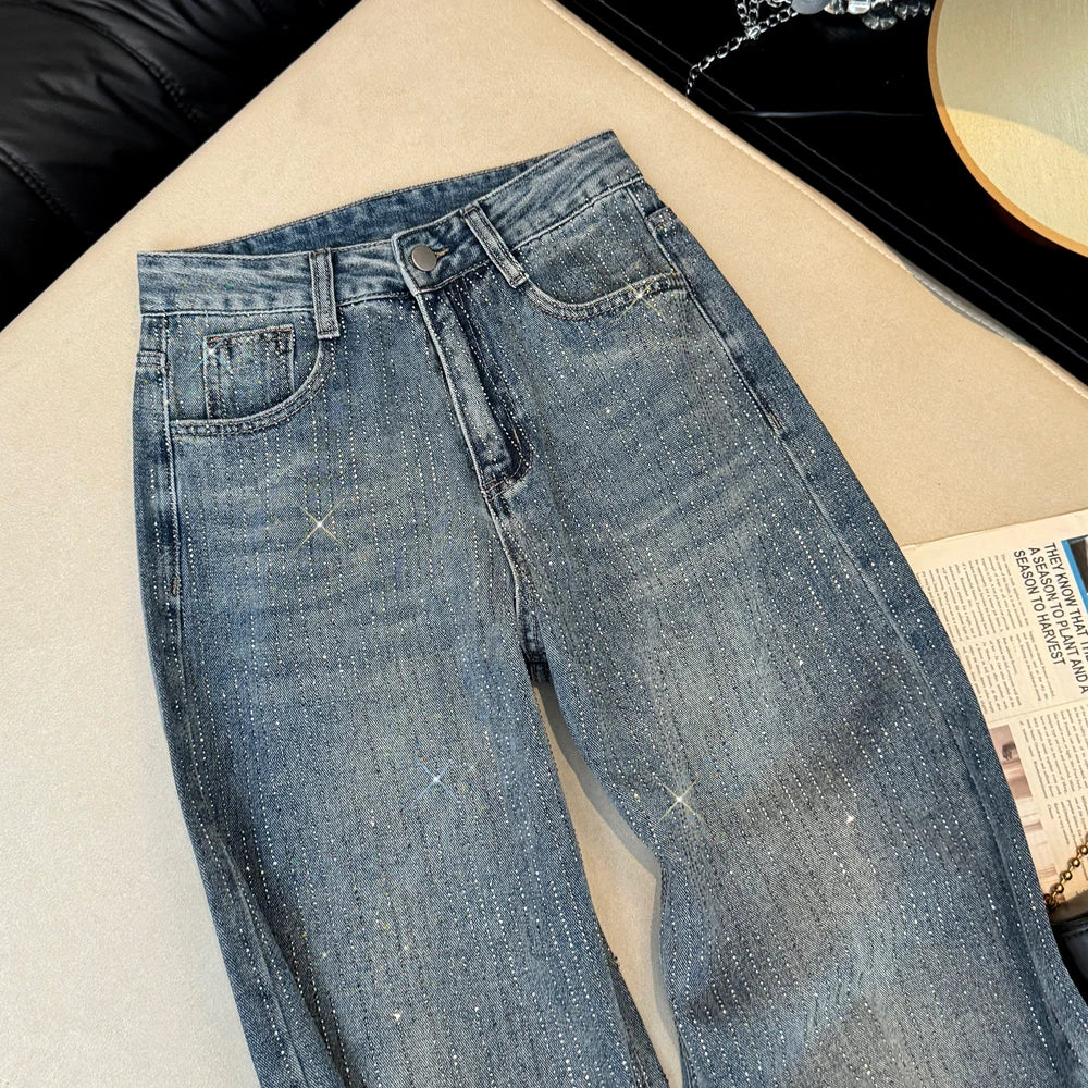 Women's Jeans Spring Retro Washed Diamond-encrusted Design Sense High-waisted Straight-leg Pants Loose Wide-leg Mopping Pants