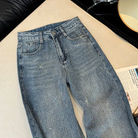 Women's Jeans Spring Retro Washed Diamond-encrusted Design Sense High-waisted Straight-leg Pants Loose Wide-leg Mopping Pants