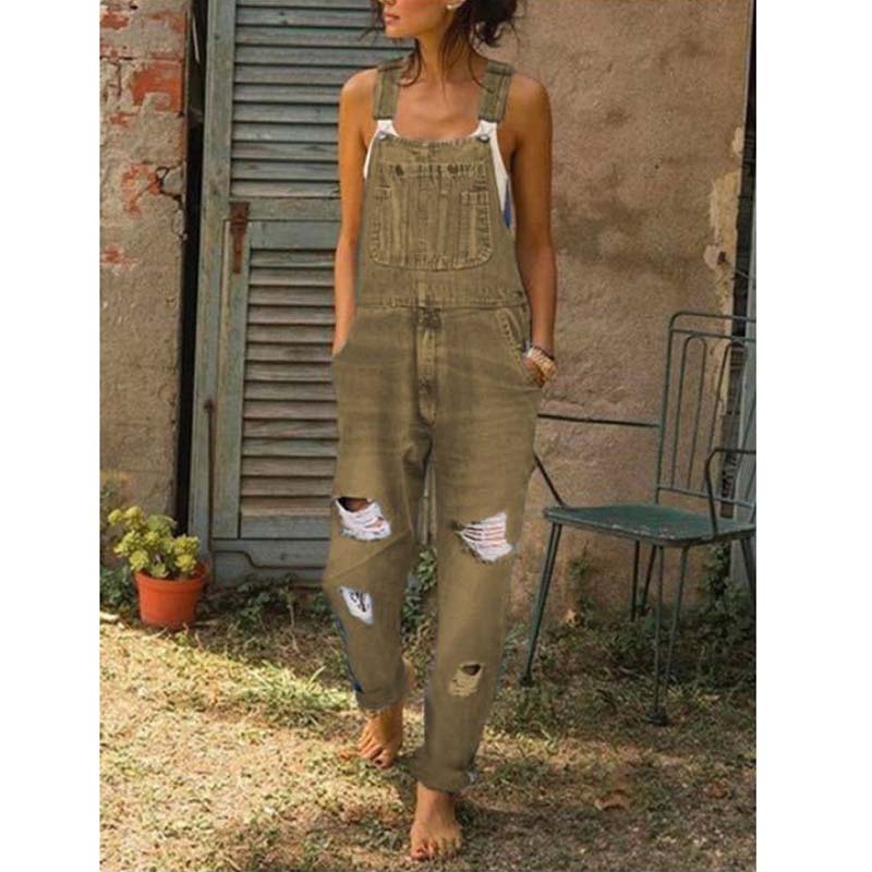 Fashion Women Denim Rompers for Streetwear Hollow Out Design Pockets Decor Sling Sleeveless Mid Waist Casual Loose Jumpsuits