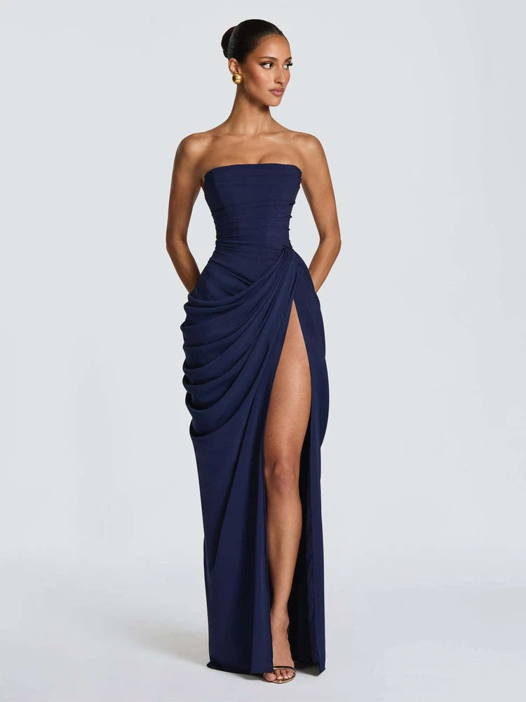 Elegant Yellow Strapless Pleated Long Dress Women Chic Solid Sleeveless Waist Cinching Split Gown 2026 Lady Evening Party Robe