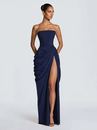 Elegant Yellow Strapless Pleated Long Dress Women Chic Solid Sleeveless Waist Cinching Split Gown 2026 Lady Evening Party Robe