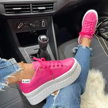 Women Leather Platform Shoes Fashion Solid Color Chunky Heel Sneakers Casual Flat Sports Shoes Designer Shoes Zapatillas Mujer