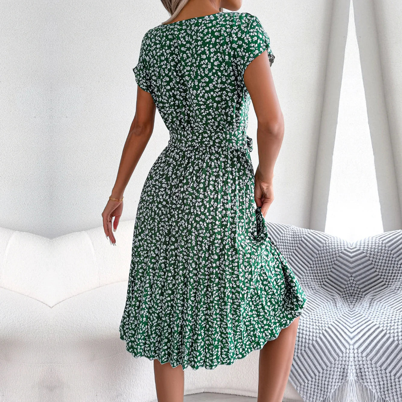 Ficusrong Fashion Floral Pleated A Line Long Dress Women Spring Summer Short Sleeve High Waist Chic Dress