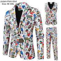 Fashion Hip Hop Printed Yellow Blazer Sets Men (Jackets + Pants + Vest ) Autumn Spring Club Prom 3 Pieces Suits Terno Masculino