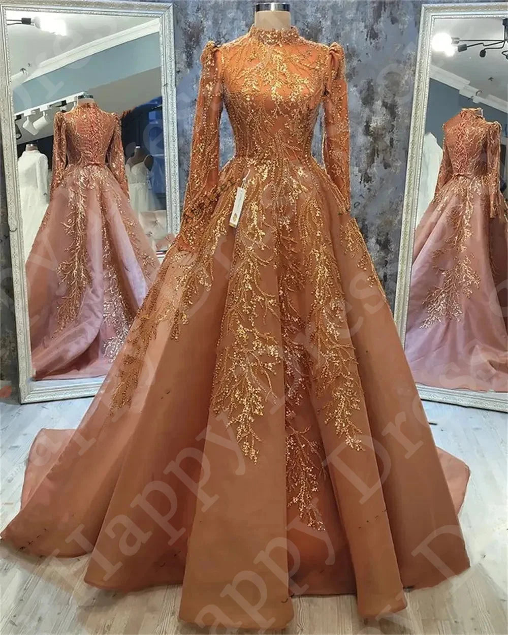 Muslim Arabic Evening Dress 2025 Luxury Appliques 3D High Neck Full Sleeve Formal Party Dress A-Line Robe de soirée Customized