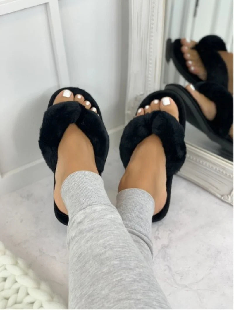 Warm Fluffy Slippers Women Cozy Faux Fur Cross Indoor Floor Slides Flat Soft Furry Shoes Ladies Female Celebrities Flip Flops