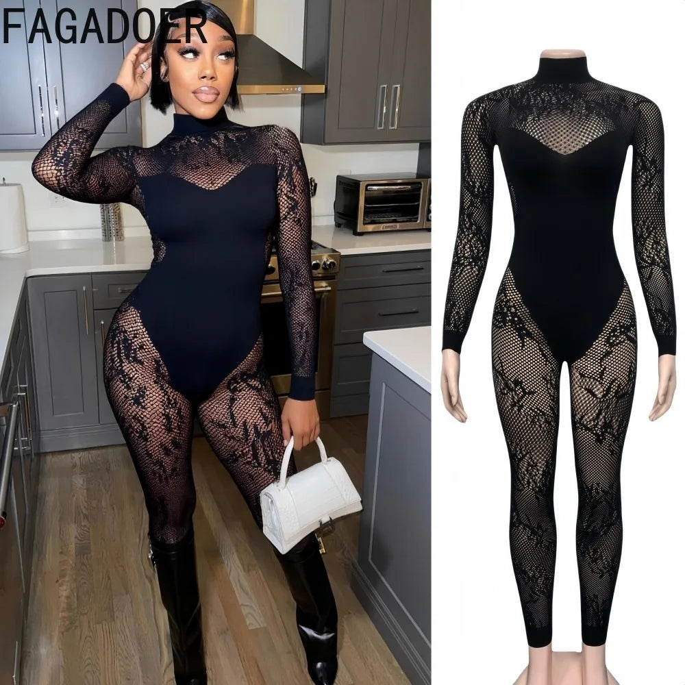 FAGADOER Summer New Sexy Quality Lace Bodycon Jumpsuit Women Hollow Out See Through Backless Romper Female Streetwear Overalls