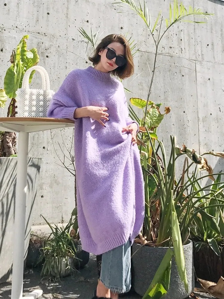 Winter Women Dress Fall Sweater Women Dress Long Sleeve Knitted Dresses Maxi Vintage Oversize Dresses Knitting Thick Warm Purple