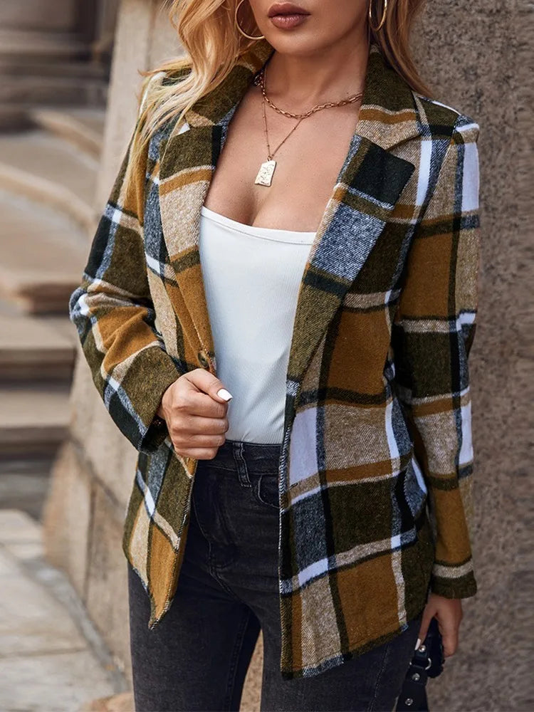 All-match Coat Women Korean Fashion 2023 Fall Plaid Print Button Front Long Sleeve Coat Design Jacket Casual Jacket