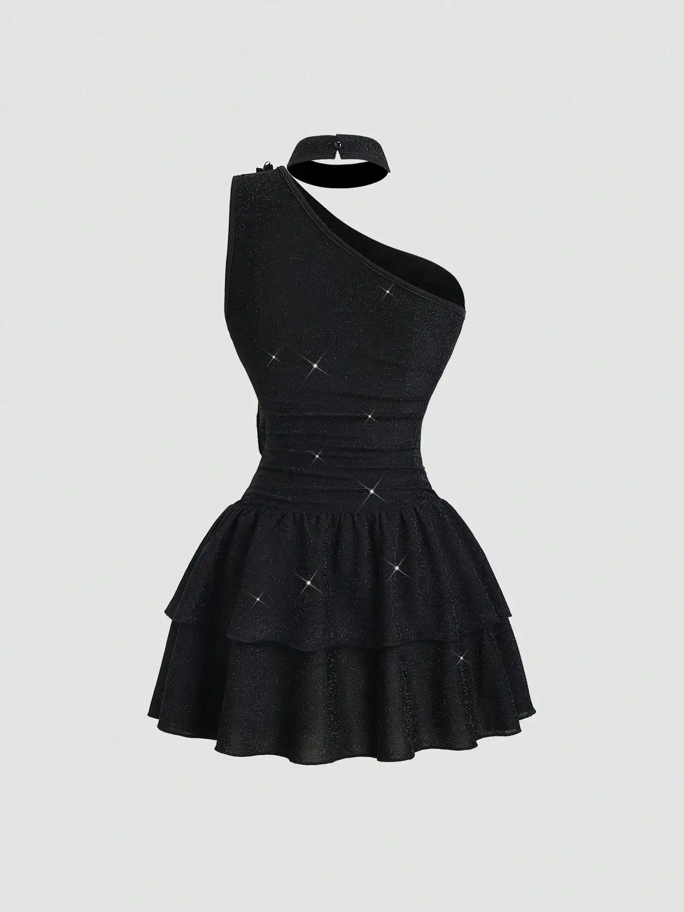 Black Asymmetrical One-Shoulder Dress with Gold Floral Brooch & Tiered Flounce Skirt