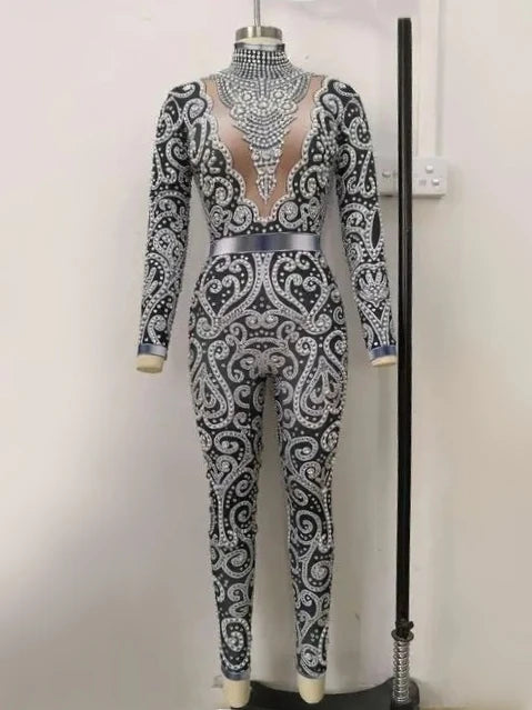 Elegant Pearls Long Sleeves Jumpsuit Sexy Elatic Women Singer Outfit Birthday Celebrate Evening Party Wear