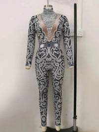 Elegant Pearls Long Sleeves Jumpsuit Sexy Elatic Women Singer Outfit Birthday Celebrate Evening Party Wear