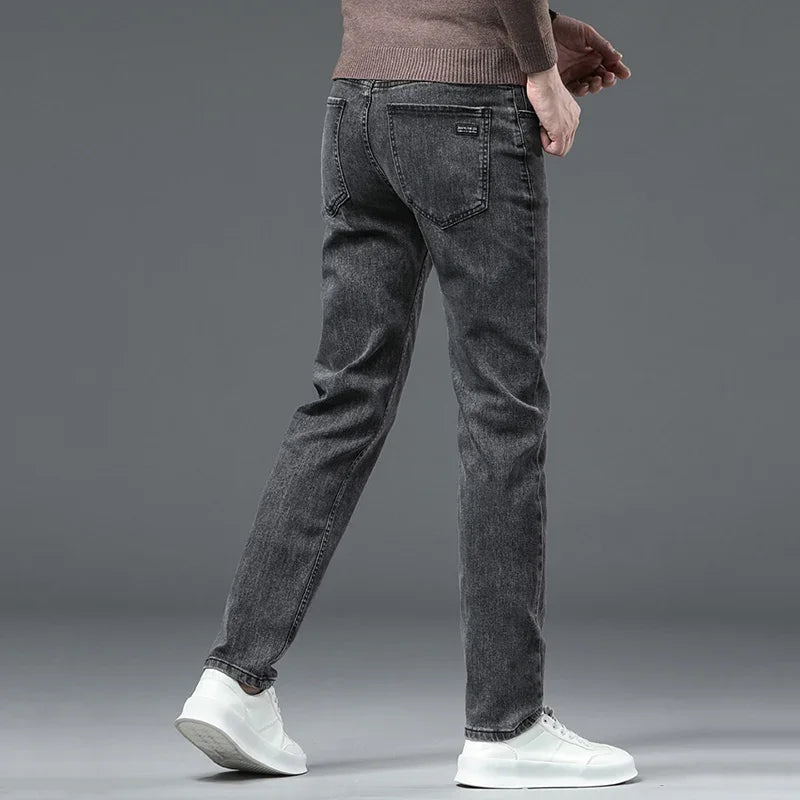 Men Casual Stretch Jeans Male 2025 New Fashion Classic Business Straight Leg Smoke Gray Work Denim Trousers Brand Clothing