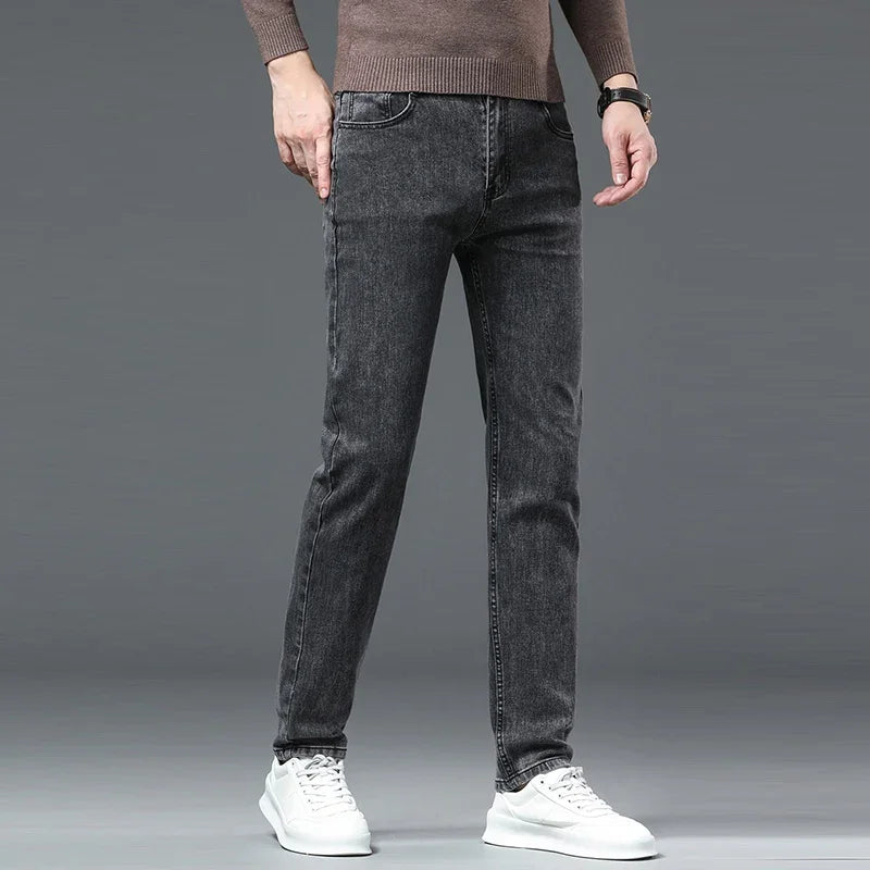 Men Casual Stretch Jeans Male 2025 New Fashion Classic Business Straight Leg Smoke Gray Work Denim Trousers Brand Clothing