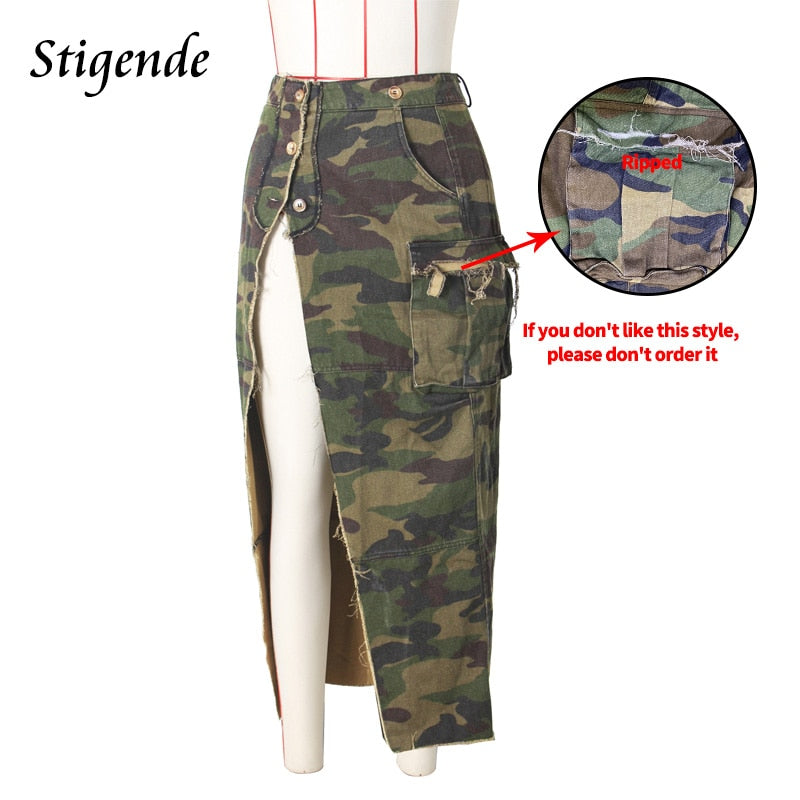 Stigende Women Sexy High Split Camouflage Skirt Army Green Ripped Irregular Skirt Spliced Color Pocket Button Long Maxi Skirt