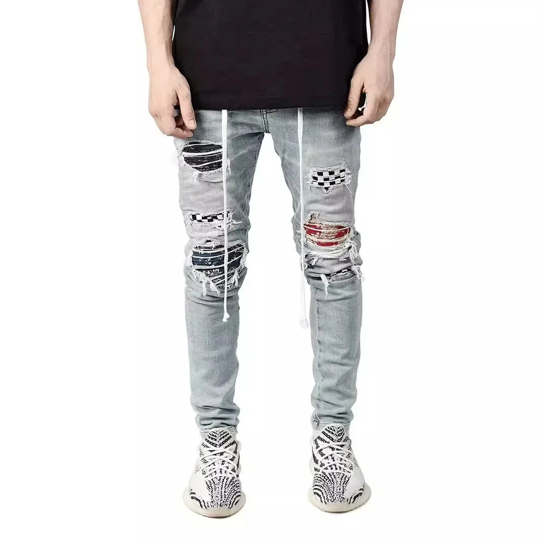 Men Jeans Denim Pants Pencil Pant Slim Fit Hole Print Pockets Straight Trousers Casual Elastic Waist Lace Up Autumn 2024