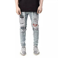 Men Jeans Denim Pants Pencil Pant Slim Fit Hole Print Pockets Straight Trousers Casual Elastic Waist Lace Up Autumn 2024