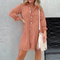 Lady Casual Lapel Single-Breasted Dress Autumn Solid Color Long Sleeve Denim Dress Fashion Simple Office A-Line Mini Shirt Dress