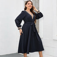 Della Mel Plus Size Women Clothing Long Sleeve Dress Urban Office V Neck Elegant Female Evening A-line Casual Party Long Dresses