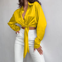 Spring And Autumn Fashion Women's Polo Neck Long Sleeve Leaky Umbilical Short Shirt Elegant Yellow Button Lace Up Top Blouse