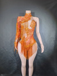 Gold Silver Sequins Tassel Elastic Bodysuit Sex)Pole Latin Dance Stage Wear Nightclub  DJSinger Dancer Performance Costume  Q025