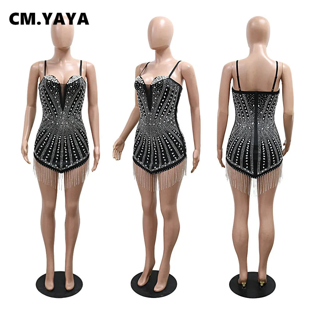 CM.YAYA Women Sleeveless Diamonds Hot Rhinestones Tassel Mini Dress Strapless Sexy Evening Night Club Party Dresses Vestidos