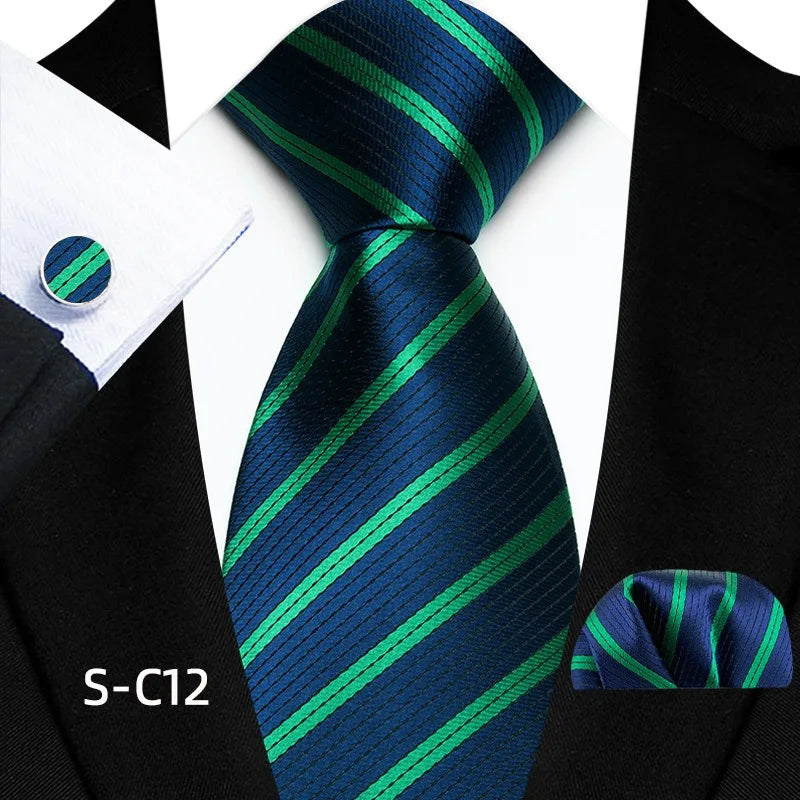 Business Mens Tie Luxury Striped 8cm NeckTie Pocket Square Cufflinks Set For Men Formal Fashion Wedding High Quality Gravata