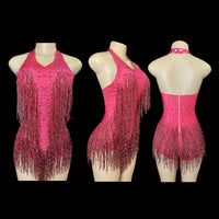 Sparkly Rhinestones Fringe Bodysuit WomenVightclub Party Dance Costume Stage Wear SexyTassel Leotard Performance Clothing G7