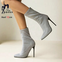 Winter Shoes For Woman Soft Leather Sock Ankle Boots 2024 New Pointed Toe Thin High Heels Women Short Booties Plus Size 44 45 46