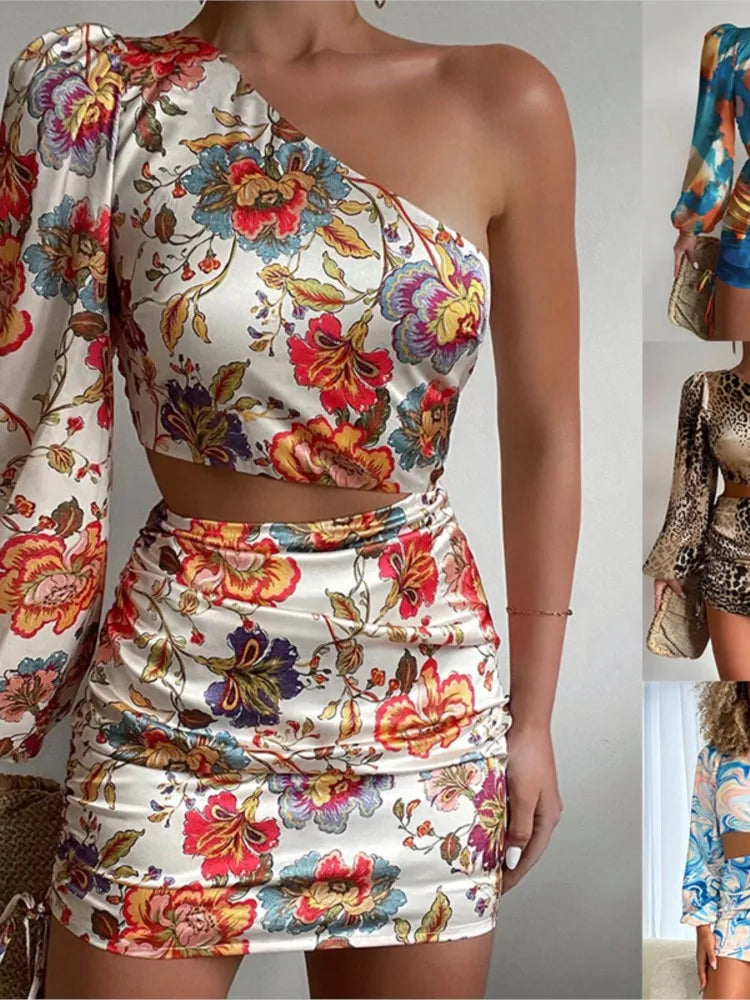 Fashionable Printed Summer New Sexy Slant Neck Single Shoulder Sleeve Off Shoulder Top Off Waist Women's Casual Short Dress