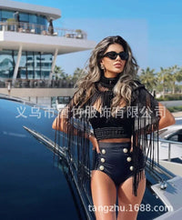 Leosoxs Hand Crochet Knitted Women Bikini Cover Ups Summer Holiday Tassel Beach Bathing Suit Sexy Hollow Out Skirts Matching Set