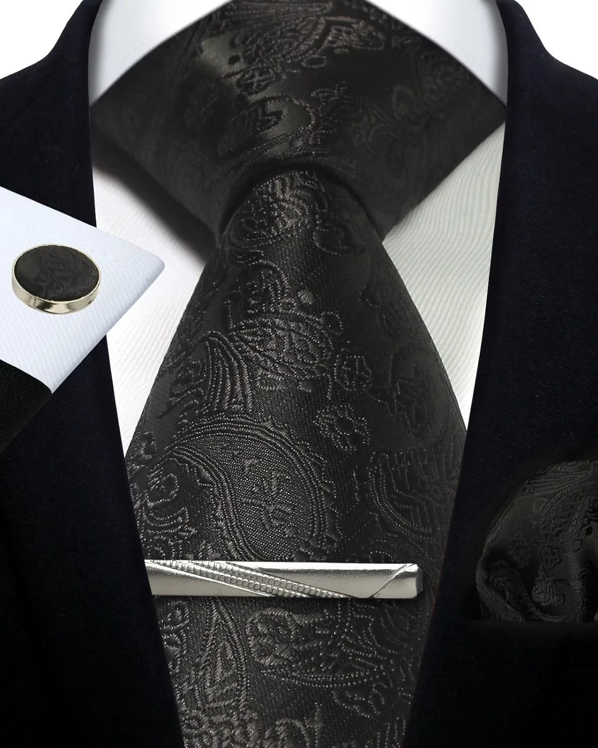 Mens Tie Set Silk Silver Paisley Floral Necktie and Pocket Square Cufflinks Tie Clip Classic Formal Ties for Men Wedding Party