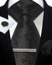 Mens Tie Set Silk Silver Paisley Floral Necktie and Pocket Square Cufflinks Tie Clip Classic Formal Ties for Men Wedding Party