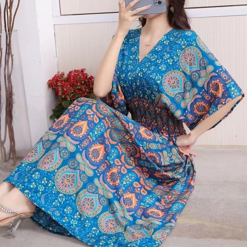 Summer Poplin Dresses Women Round Neck Puff Short Sleeve A Line Print Dresses Ethnic Style Tight High Waist Long Dress 2023