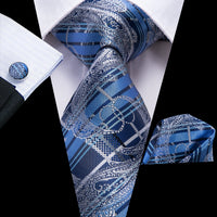 Hi-Tie Designer Silk Wedding Tie For Men Blue White Plaid Handky Cufflink Set Fashion Necktie For Men Business Party Wholesale