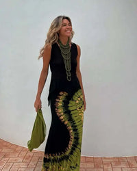 Sexy Hollow Tie-up Backless Vacation Dress Women Print U-Neck Package Hip Slim Party Dresses Casual Sleeveless Female Vestidos