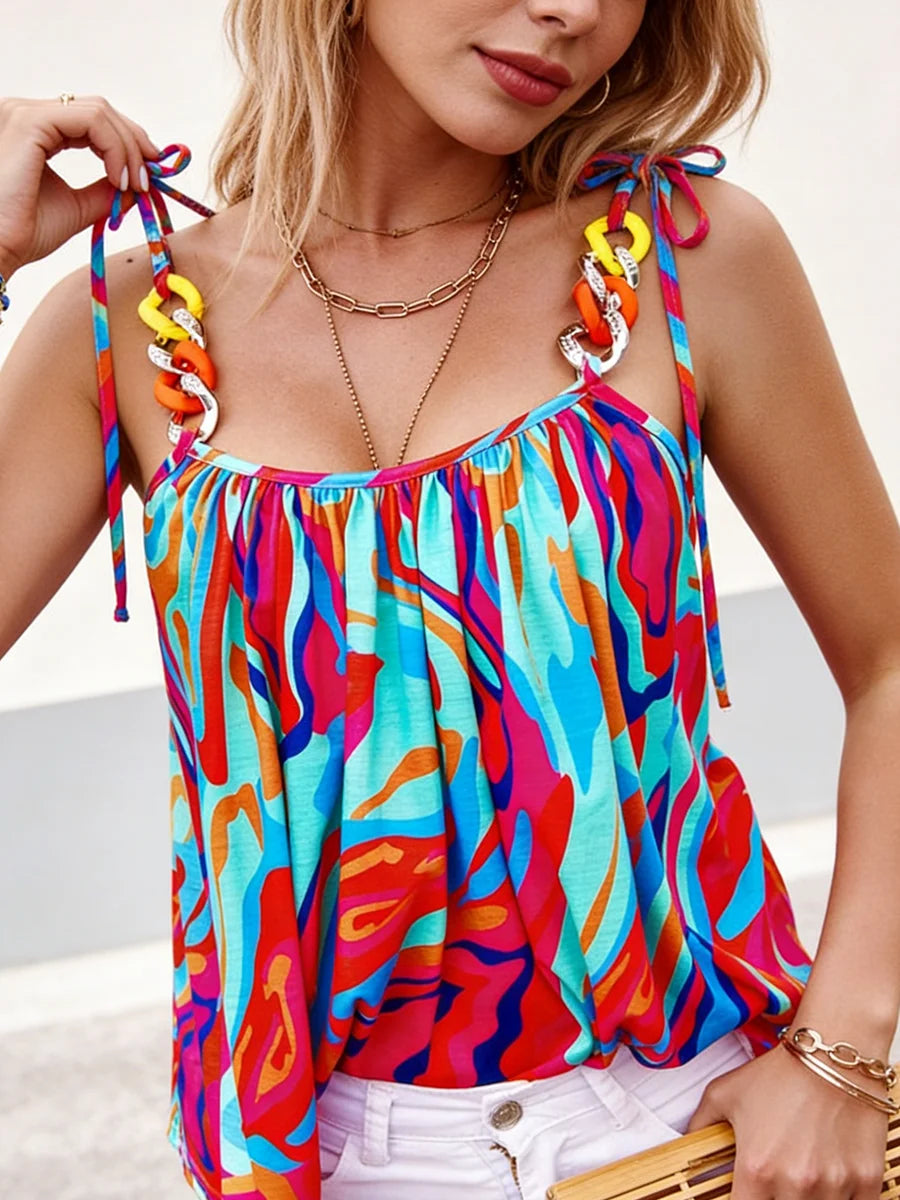 Women's Tank Top Spring Summer Colorful Abstract Print Beaded Strap Asymmetric Hem Valentine's Day Casual Vacation Top