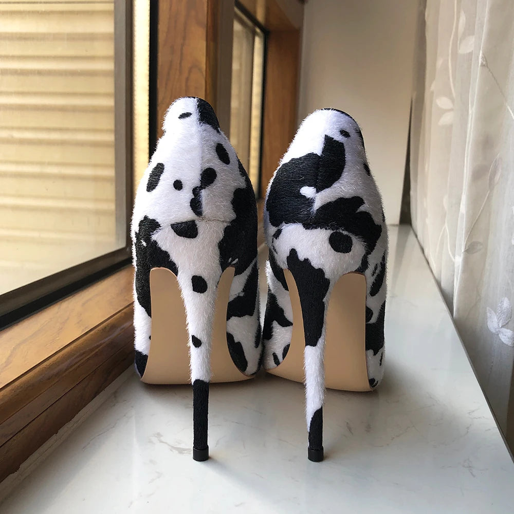 Tikicup Cow Print Women White Hairy Flock Pointy Toe High Heel Shoes Sexy Celebrity Ladies Slip On Stiletto Pumps for Party