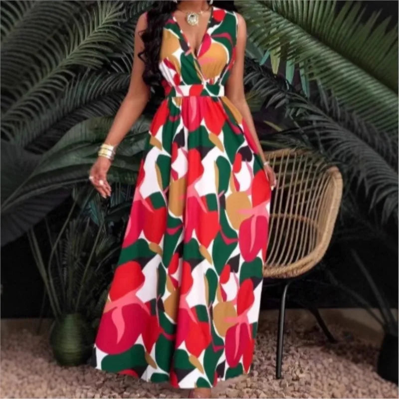 Women's Dress New Summer Sexy Fashion V-neck Top Lace-Up Printed Pleated Waist Sleeveless Slim Fit Boho Maxi Dresses For Women