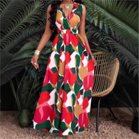 Women's Dress New Summer Sexy Fashion V-neck Top Lace-Up Printed Pleated Waist Sleeveless Slim Fit Boho Maxi Dresses For Women