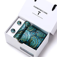 High Quality 7.5 cm Stripe Blue Tie Pocket Square Cufflinks Set For Men Gift Box Wedding Gravatas Fit Workplace