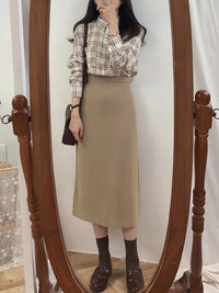 Solid Black Brown Mid Calf Women Skirt Vintage Spring Summer Straight  Mi-long High Waist Girls skirts Femininas winter women