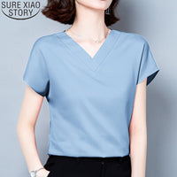 Office Lady Solid V-neck Blouse Women Summer 2023 Short Sleeve Casual Silk Satin Shirts Casual M-4XL Loose Tops Clothes 10297